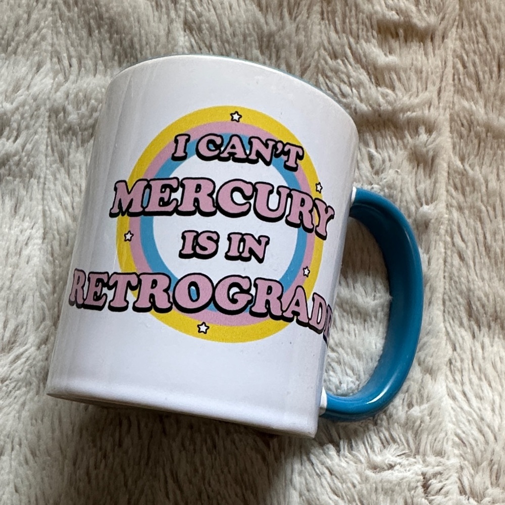 White Ceramic Mug with Pink Retro Graphic and Blue Handle